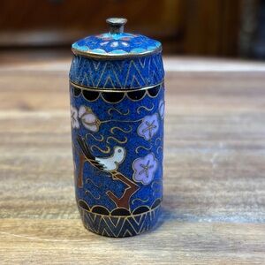 Blue Cloisonné cylinder trinket box with Bird Design